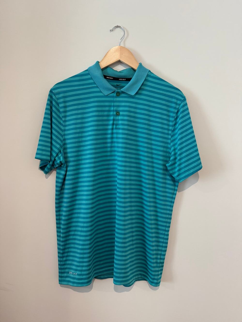 Mens's Nike Golf Turquoise Blue Striped Button Collared Dri Fit Polo Shirt M